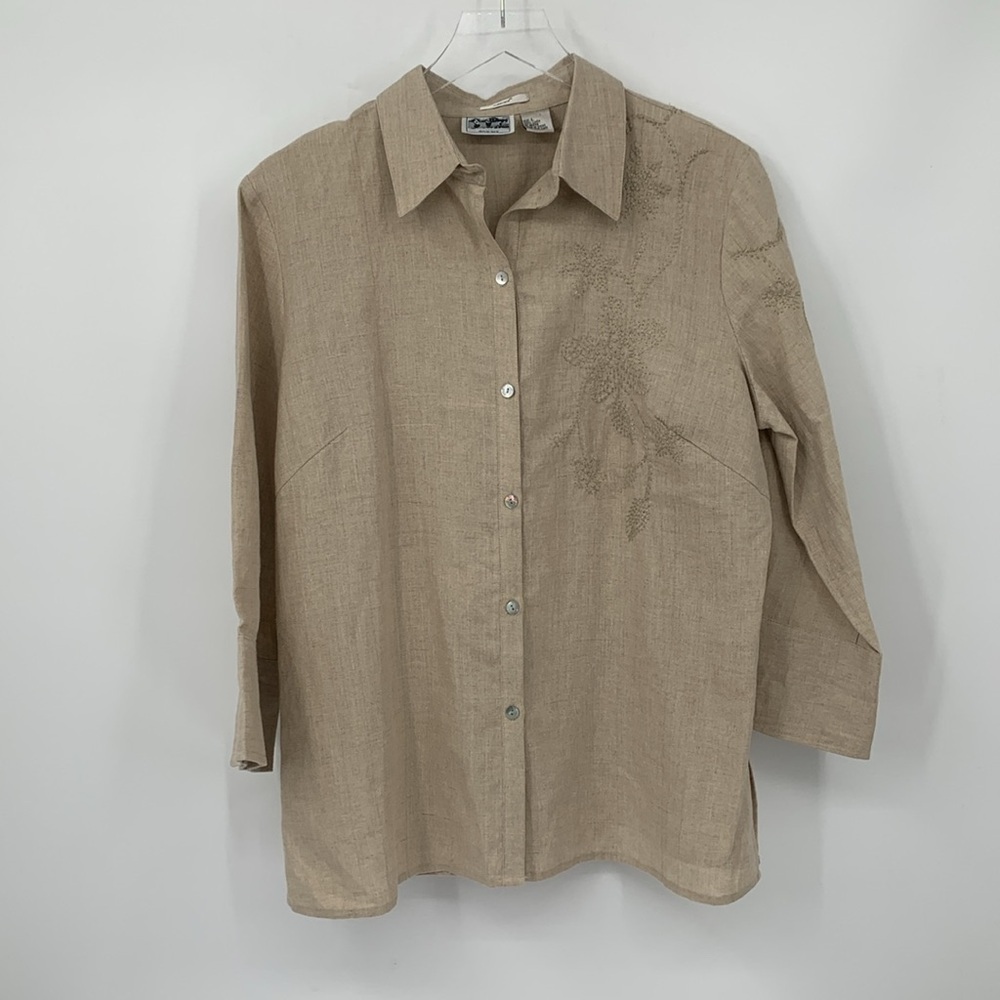 Edward Irish Linen shirt blouse top button front tan brown embroidery thistle L